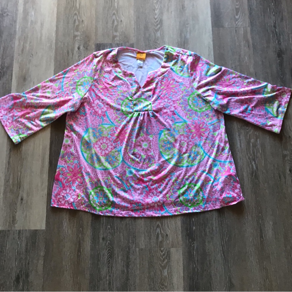 Ruby Rd 2X Floral Print Top Pastel Pink White Blue Green Used Polyester 3/4
